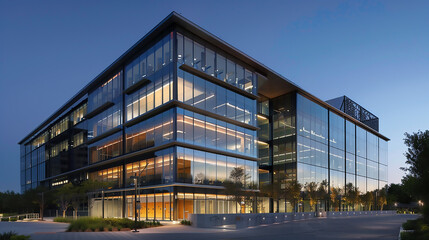 Exterior architectural rendering of an industrial building with one side covered in black timber cladding, the other half is glass and metal. Carbon-neutral glass structured office building set
