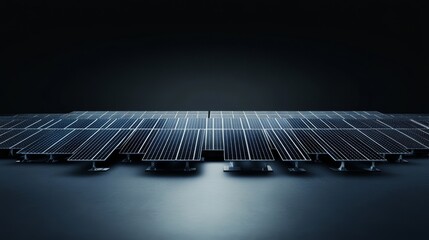 A row of solar panels are shown in a black background