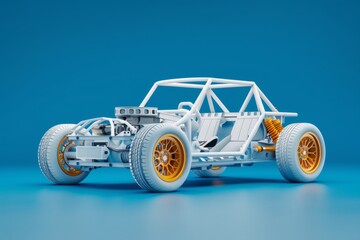 3d rendering of a white car structure with open bodywork and yellow rubber tires on blue background