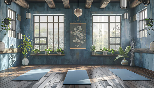 A serene yoga space blending green and blue pastel colors with natural accents and Japanese design