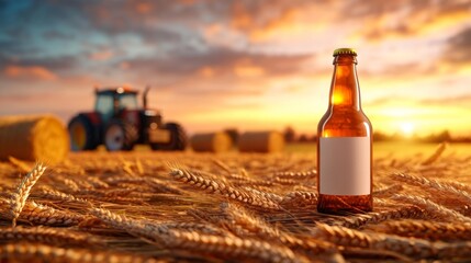 Beer Bottle Mockup in Harvest Wheat Field. Generative AI
