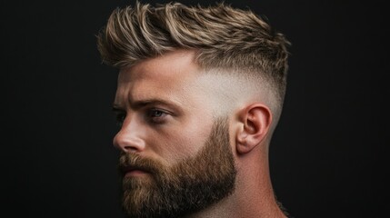 Obraz premium Close-up profile of a man with a stylish textured haircut and beard against a dark background.