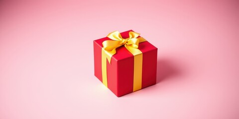 Fototapeta premium A vibrant red gift box adorned with a luxurious golden ribbon, resting on a soft pink background.