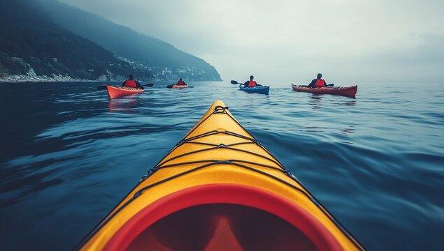 Kayakers paddling in calm ocean waters near a misty coastline.