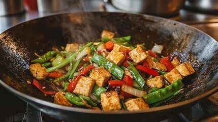 Delicious Chinese Stir-Fry: Chef Cooking Chicken Legs and Vegetables in a Wok with Flames