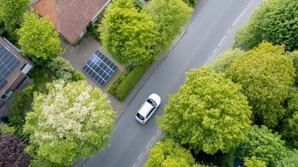 A car is driving down a street with trees on either side