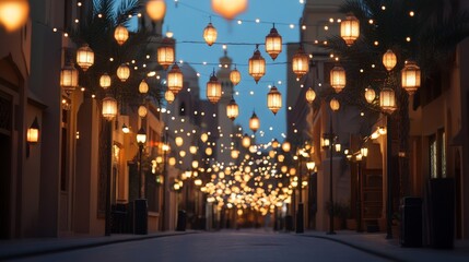 String lights and lanterns illuminate narrow street at dusk