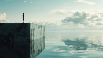 Swimmer on the edge of a diving platform, rippling water below reflecting energy and promise, anticipation, excitement, vision