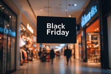Elegant black friday sign in a modern shopping mall corridor with warm ambient lighting