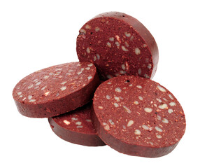 Four traditional English black pudding slices made with dried pork blood, wheat, oatmeal and barley isolated on a white background