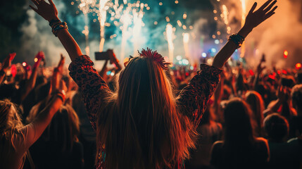 A woman is standing in a crowd of people, holding her hands up in the air