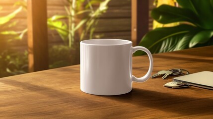 Fototapeta premium Real estate mug mockup on wooden desk with keys. Generative AI