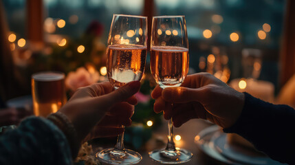 Two people are holding up their wine glasses to toast