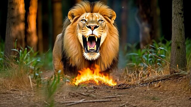 The fierce lion's mane blazed with fiery flames that illuminated the dark forest, casting an otherworldly glow around it as it let out a deafening roar that shook the earth.
