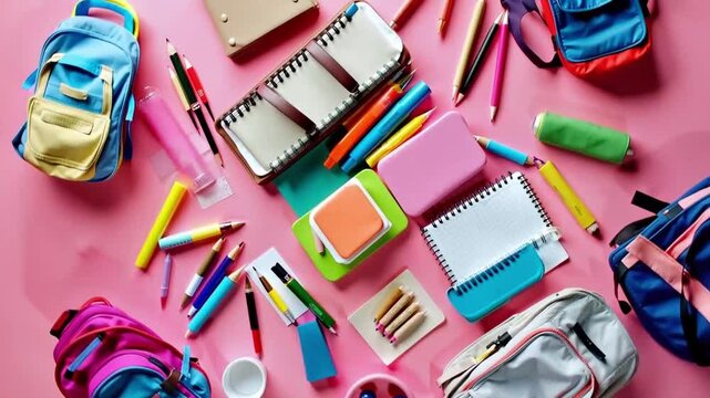 School supplies and backpacks arranged on a pink background, creating a vibrant and playful back to school concept with colorful elements