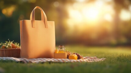 Fototapeta premium Canvas Tote with Picnic Setup in Sunny Outdoors. Generative AI