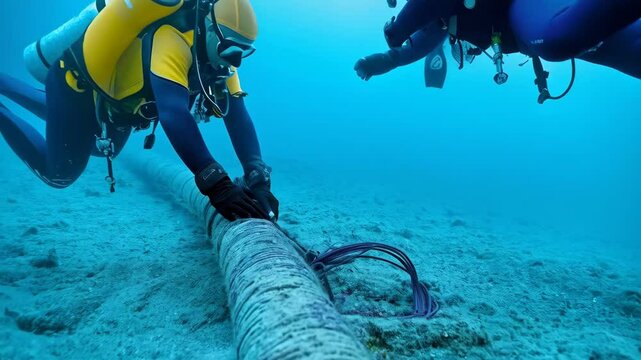 Two divers install underwater cable. Ocean floor view. Industrial concept. For construction projects, engineering. Outdoor shot.