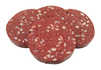 Four traditional English black pudding slices made with dried pork blood, wheat, oatmeal and barley isolated on a white background