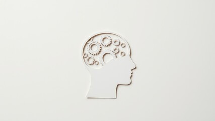 Abstract Paper Cutout of a Head with Interlocking Gears Representing the Complexities of Thought and Problem Solving