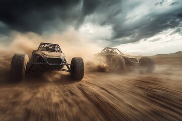 High speed dune buggy race through dusty desert with dramatic stormy skies and intense action.