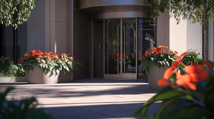 Orange Blossoms at Modern Building Entrance