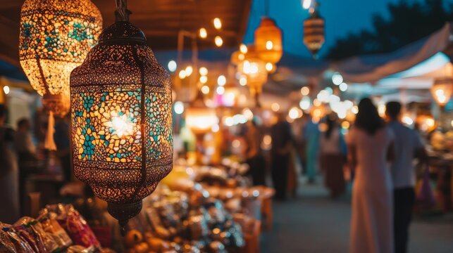 Vibrant evening market with ornate lanterns and diverse shoppers at twilight