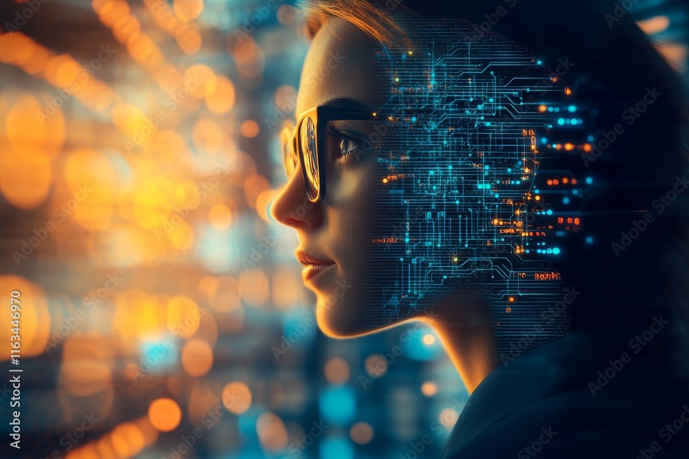 Wall mural profile portrait of an ai engineer with circuit board background and digital art elements