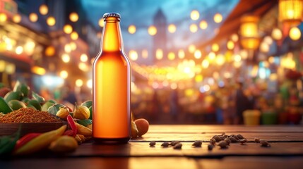 Obraz premium Beer Bottle Mockup at Vibrant Night Market. Generative AI