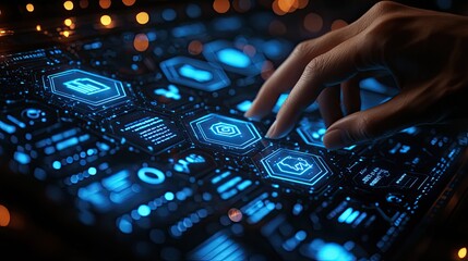 A hand interacts with a futuristic touch screen interface displaying various icons and data.