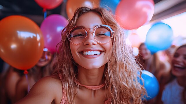 Friends celebrate a special moment with joy and laughter, surrounded by colorful balloons on a sunny day
