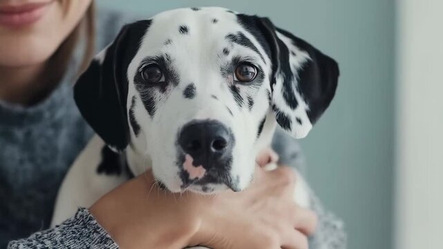 Dalmatian puppy held by person close up. Pet care concept. Studio shot for background.