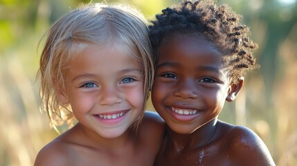 Two friends sharing popsicles on summer day, multiethnic children, genuine friendship moment