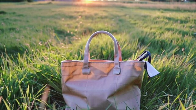 Tote bag placed in green grass field during sunset capturing warm light and peaceful outdoor ambiance