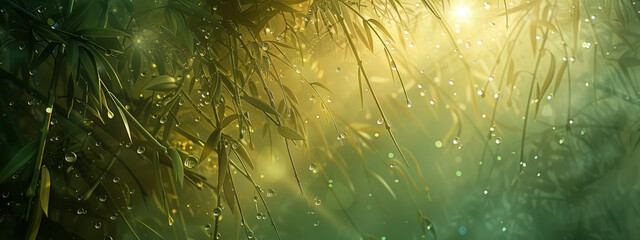 Fototapeta premium Morning sunlight on dew-covered spiderweb in green grass