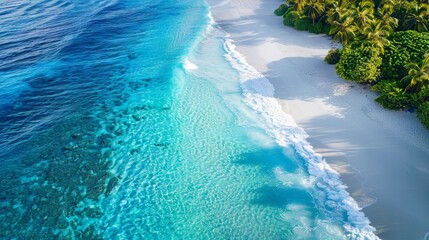 Drone aerial view of pristine tropical white sand beach with transparent blue waters and gentle wave foam, ideal for summer vacation and travel backgrounds, featuring expansive copy space