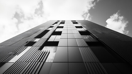Modern glass building perfect for architecture and corporate backgrounds modern skyscraper, emphasizing its towering height and geometric patterns. The photo conveys a sense of chaos and power, refle

