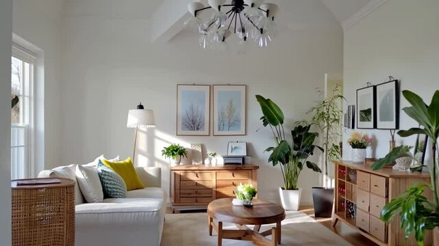 Warm and cozy spring living room interior featuring mock up poster frame wooden sideboard white sofa green plants stylish lamp and modern decor elements