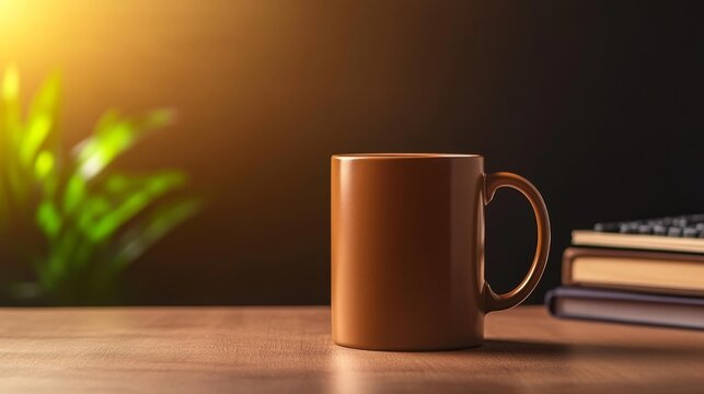 Minimalist workspace with coding books and coffee mug. Generative AI