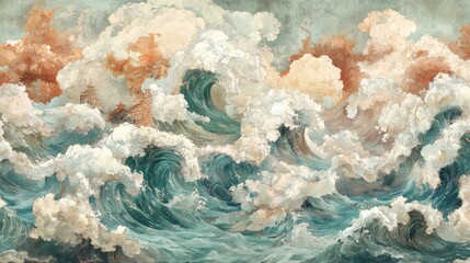 Dramatic Ocean Waves Chinese Temple Artwork 8K Artistic Wallpaper