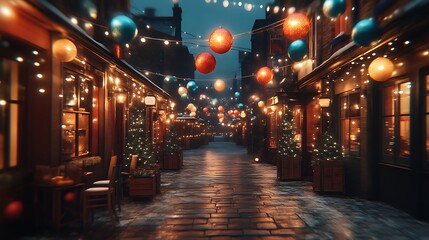Festive Christmas Street Scene With Ornaments And Lights