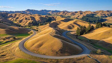 Serene Winding Road Through Golden Hills