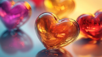 Colorful glass hearts on reflective surface.