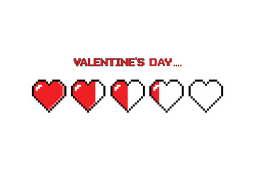 Red heart Pixel art .Text of happy valentine's day on white background.
