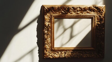 A decorative empty picture frame casting shadows on a wall.