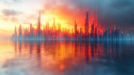 Fototapeta premium Futuristic Cityscape at Sunset - Digital Art of a Modern Metropolis Reflected in Calm Waters