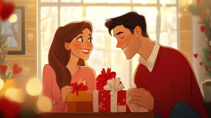 Romantic couple exchanging gifts by a window, Christmas lights and hearts in background.