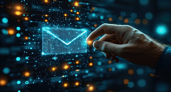 A hand reaches out to touch a digital email icon, glowing brightly against a dark background of binary code.