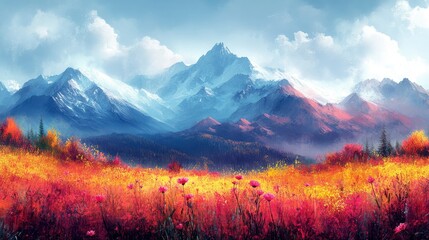 Obraz premium Majestic Autumnal Mountain Landscape with Vibrant Wildflowers