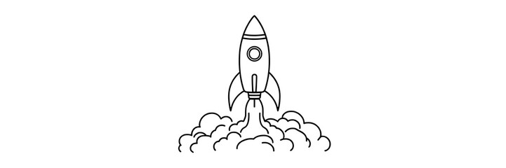 A thick-lined doodle of a rocket launching with smoke clouds underneath, drawn in simple outlines without any fill color, on a plain white background.

