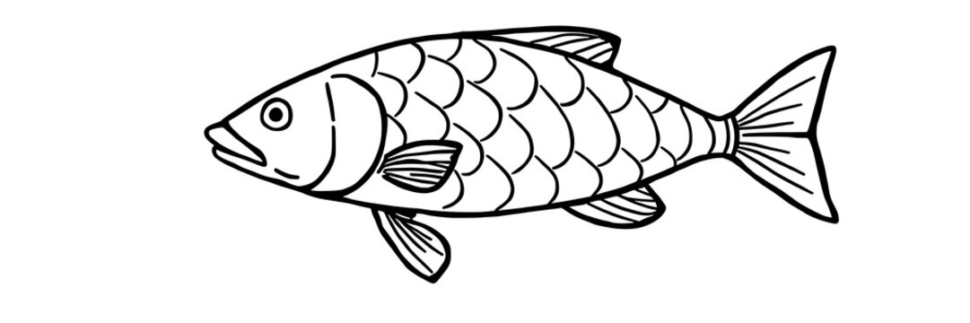A thick-lined doodle of a fish with simple scales and a curved tail, drawn in bold outlines with no fill color, placed on a plain white background.


